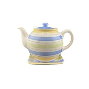 Crate & Barrel Sanibel Teapot Set Cream Earthy Stripe Stoneware Coastal Brew